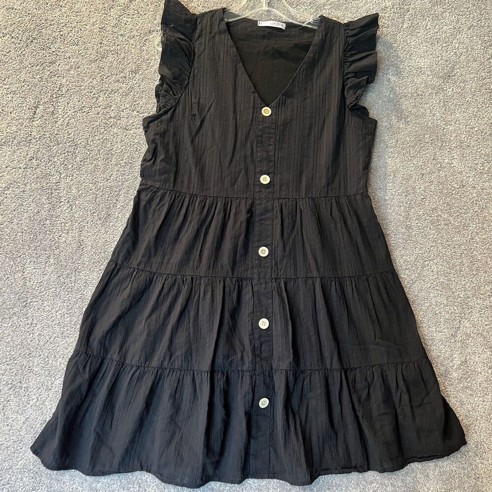 R Vivimos Dress Womens Medium Black Cotton Blend Tiered Ruffle Sleeve Mini Midi